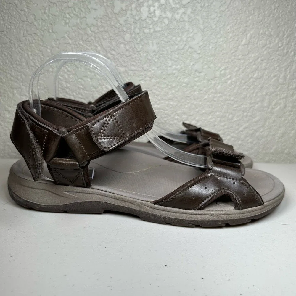 Vionic Mens Leo Strap Sandal Brown Leather Adjustable Hook & Loop Casual 8
